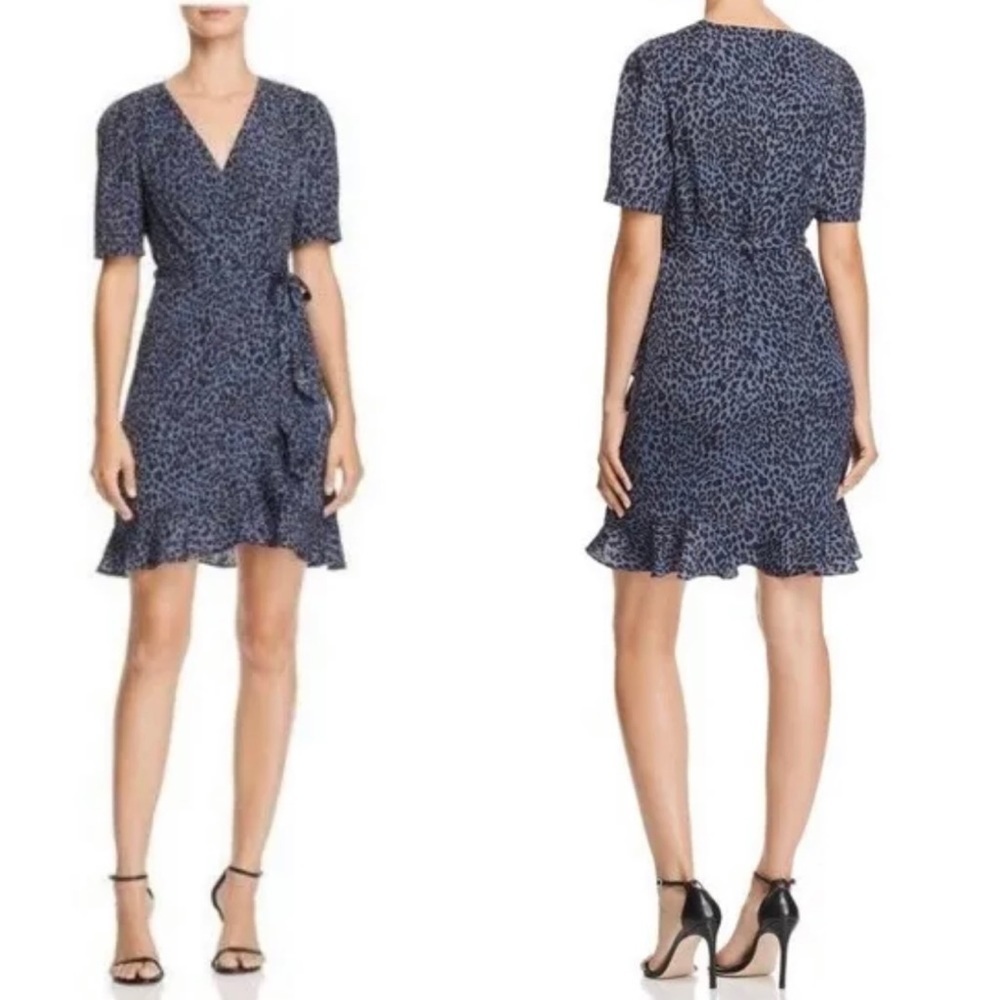 Aqua Womens Animal Print Wrap Mini Dress Dress Small Blue ruffle Hem Puff Sleeve